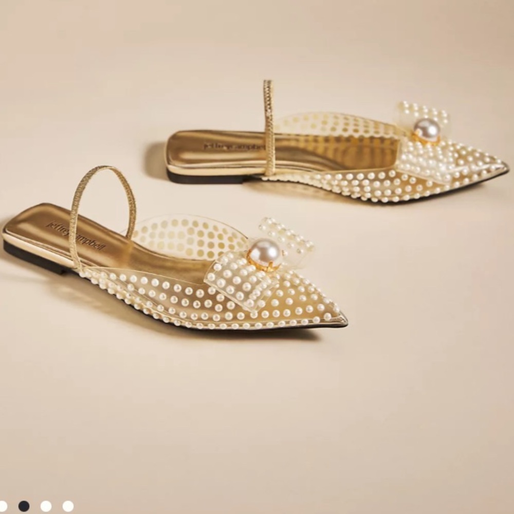 Jeffrey Campbell Pearl Bow Flats Slingback Mule Slides 5 Cream Gold Like New